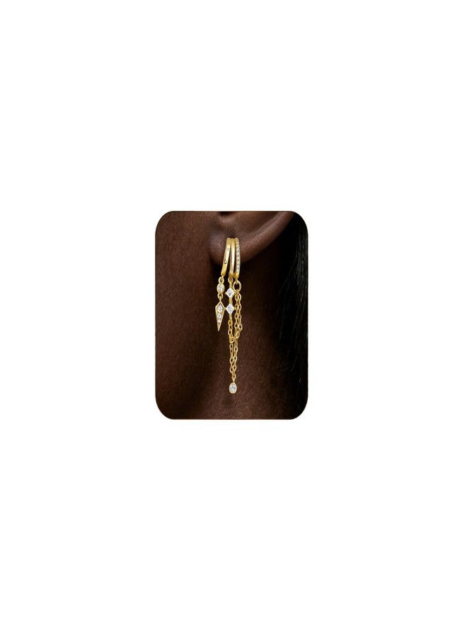 Nylry Gold Earrings for Women Dangle Chain Hoop Earrings that Look Like Multiple Piercings Unique Triple Hoop Earring for Women Trendy Illusion Stud Earring Hypoallergenic Dainty Gold Jewelry-Long - Image 1